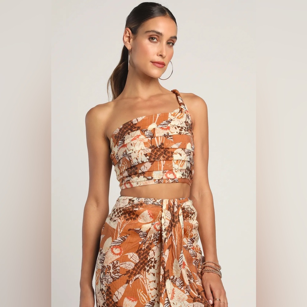 NWT Lulu’s Something Wild Brown Multi Print Twist-Front Midi Skirt Crop Top Set - Picture 3 of 16